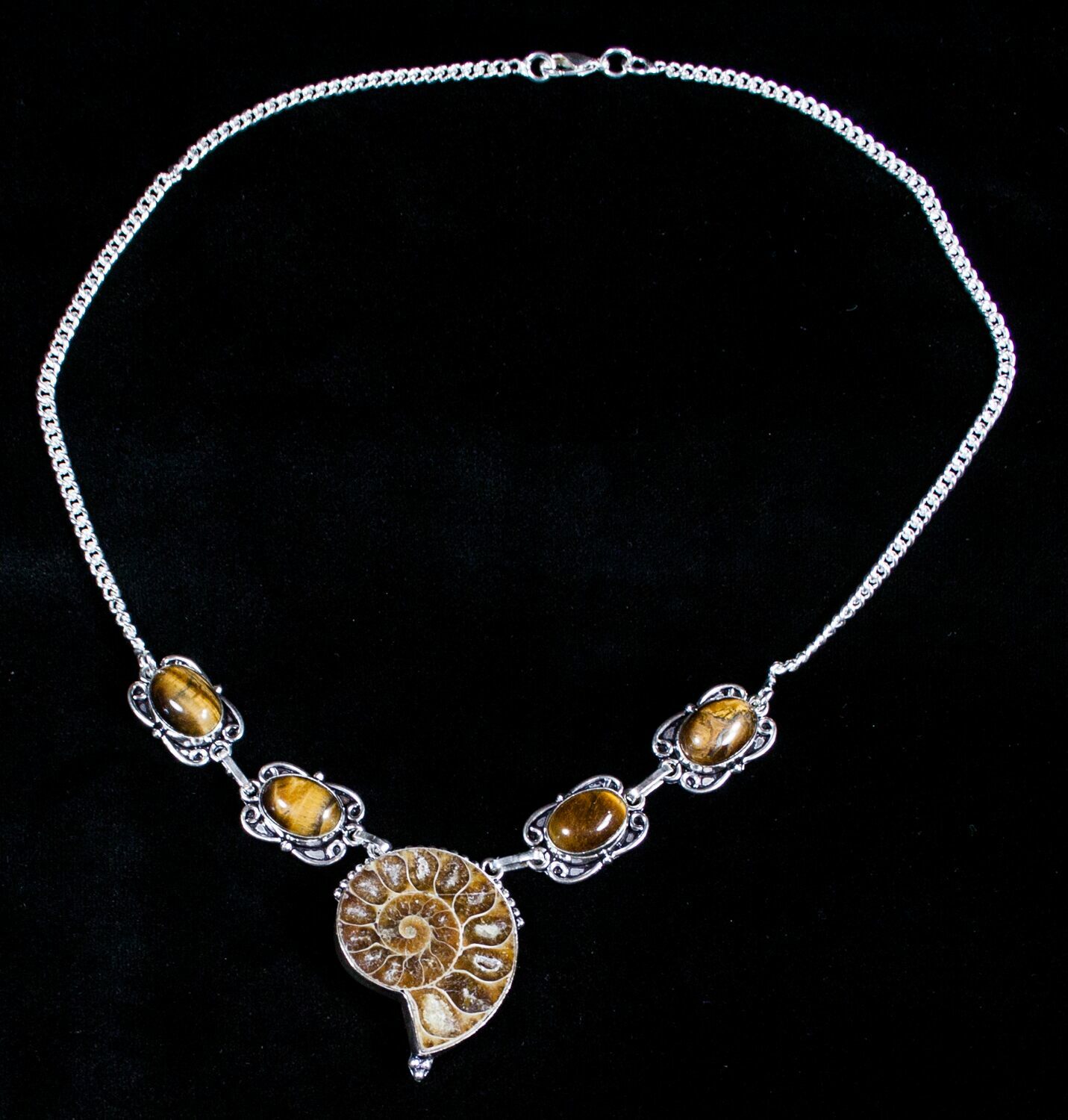 Fossil Ammonite Necklace With Tigerseye (3593) For Sale