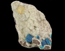 Blue Cavansite Clusters on Stilbite With Calcite Cube - India #64813
