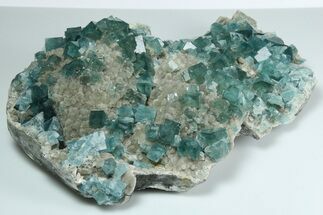 Cubic, Blue-Green Fluorite Crystals on Druzy Quartz - Fluorescent #185469