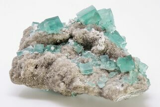 Cubic, Blue-Green Zoned Fluorite Crystals on Quartz - China #197170