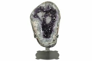 14.8" Amethyst Geode w/ Calcite on Metal Stand - Dark Purple Crystals - Crystal #199675