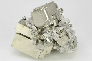Shiny, Cubic Pyrite Crystal Cluster with Quartz - Peru #202984