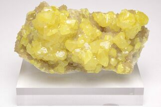 Lustrous Yellow Sulfur Crystals on Calcite - Poland #206043