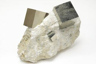 Three, Shiny, Natural Pyrite Cubes in Rock - Navajun, Spain #208965
