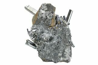 Lustrous, Metallic Stibnite Crystals On Rock - Jiangxi, China #236178