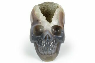 Polished Banded Agate Skull with Quartz Crystal Pocket #237020