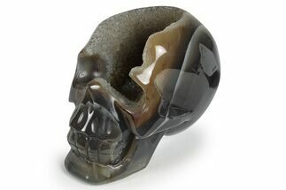 Polished Banded Agate Skull with Quartz Crystal Pocket #237023