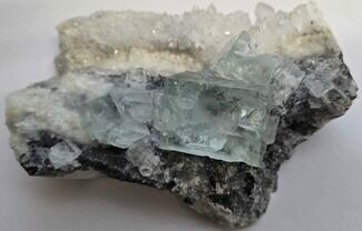 Glass-Clear Green Cubic Fluorite and Calcite on Quartz - China #299328