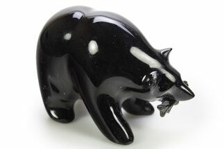 Realistic, Polished Black Obsidian Bear with Fish #308432