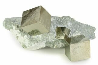 Three Gleaming Pyrite Cubes In Rock - Navajun, Spain #343201