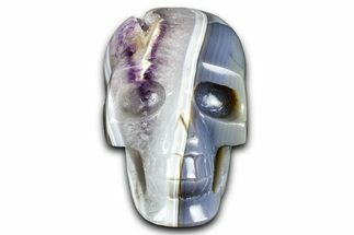 Realistic Polished Banded Agate Skull with Amethyst Crystal Pocket #378654