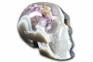 Realistic Polished Banded Agate Skull with Amethyst Crystal Pocket #378654