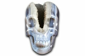Realistic Polished Banded Agate Skull with Quartz Crystal Pocket #378655