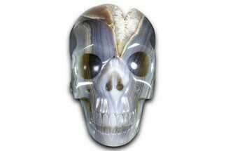 Realistic Polished Banded Agate Skull with Quartz Crystal Pocket #378658