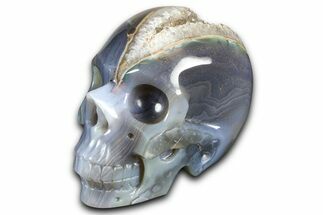 Realistic Polished Banded Agate Skull with Quartz Crystal Pocket #378658